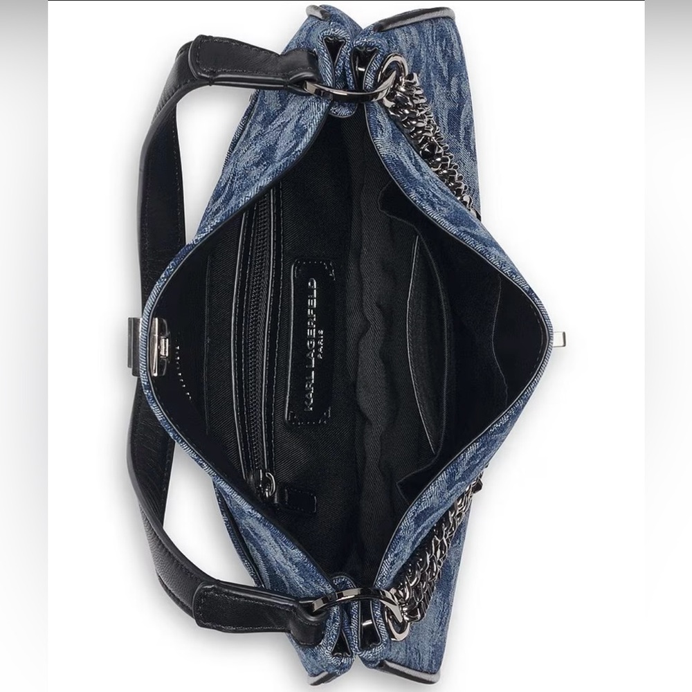 NWT KARL LAGERFELD PARIS Nadine Denim Shoulder Bag—Silver Chain Detail W/ Dusty - Picture 3 of 6